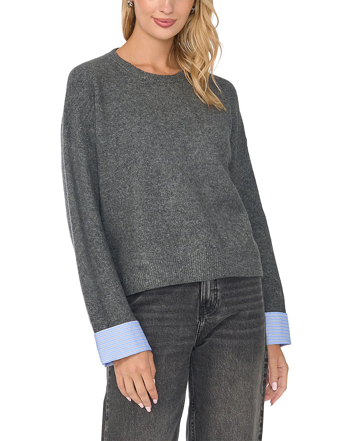 Vince Camuto Woven Cuff Crewneck Sweater