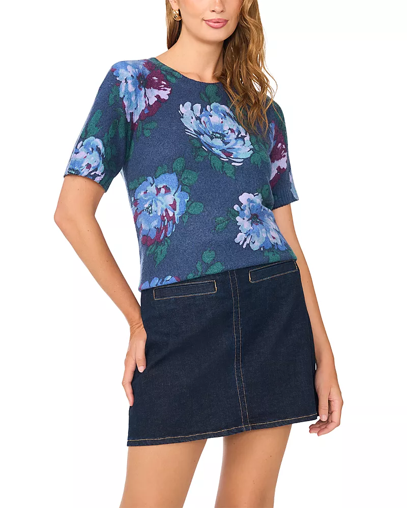 Vince Camuto Printed Short Sleeve Crewneck Sweater