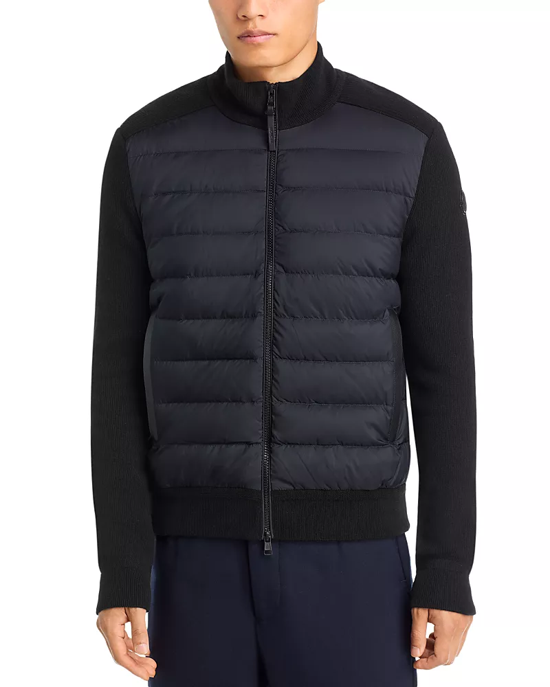 Moncler Wool Blend Zip Panel Down Cardigan Sweater