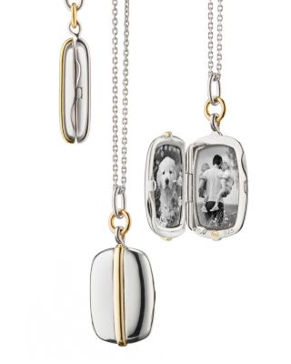 18K Yellow Gold & Sterling Silver Slim Lockets Two Tone Rectangular Pendant Necklace, 16-18"