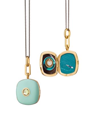 18K Yellow Gold Vermeil over Sterling Silver & Black Steel Locket x Color Green Sapphire & Green Enamel Cushion Pendant Necklace, 16-17"