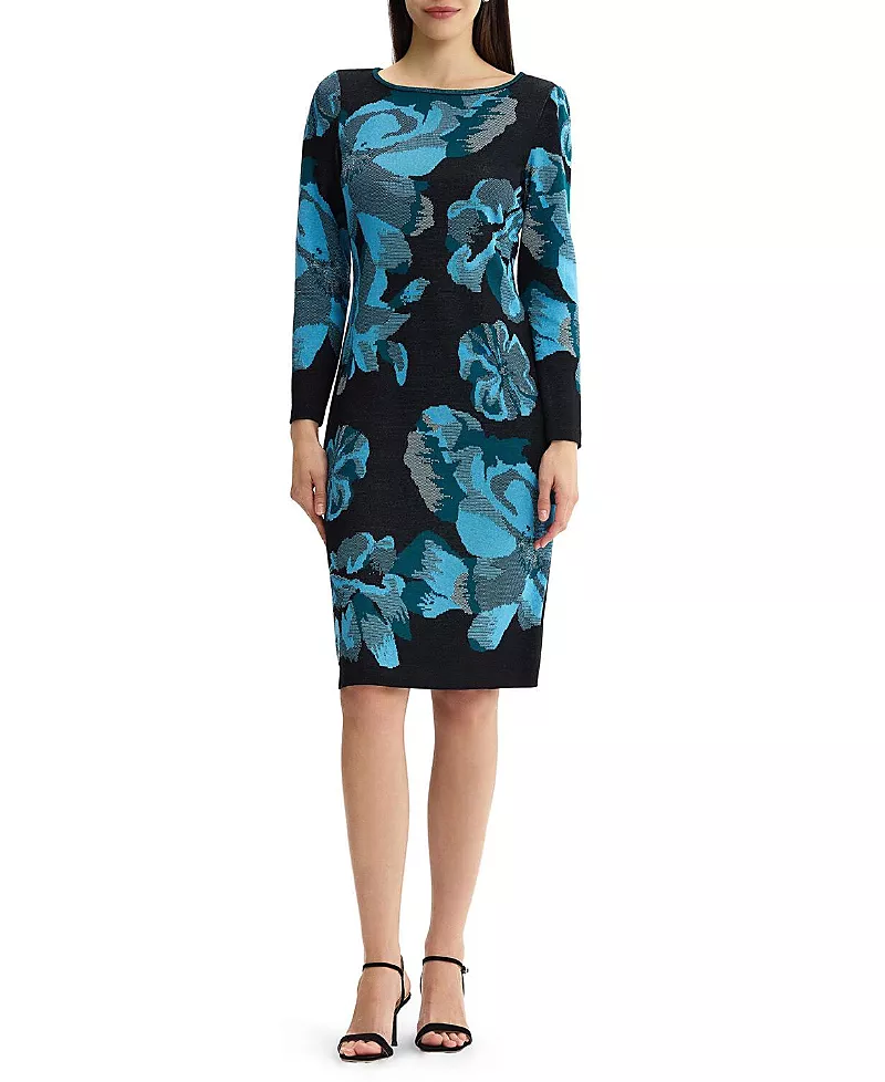 Ming Wang Floral Jacquard Soft Knit Midi Dress