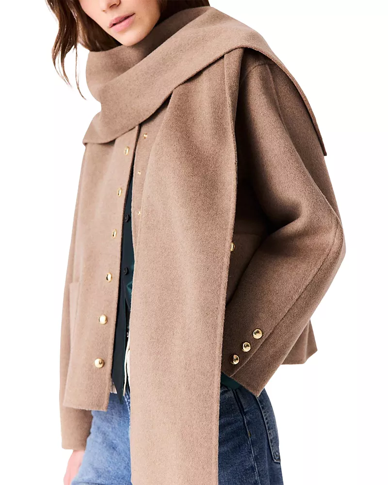 Maje Genest Wool Blend Hooded Scarf Short Coat