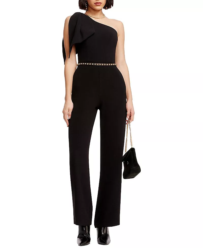 Dress the Population Tiffany One Shoulder Bow Wide Leg Jumpsuit