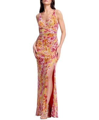  Jordan Plunge Neck Floral Print Ruched High Slit Gown