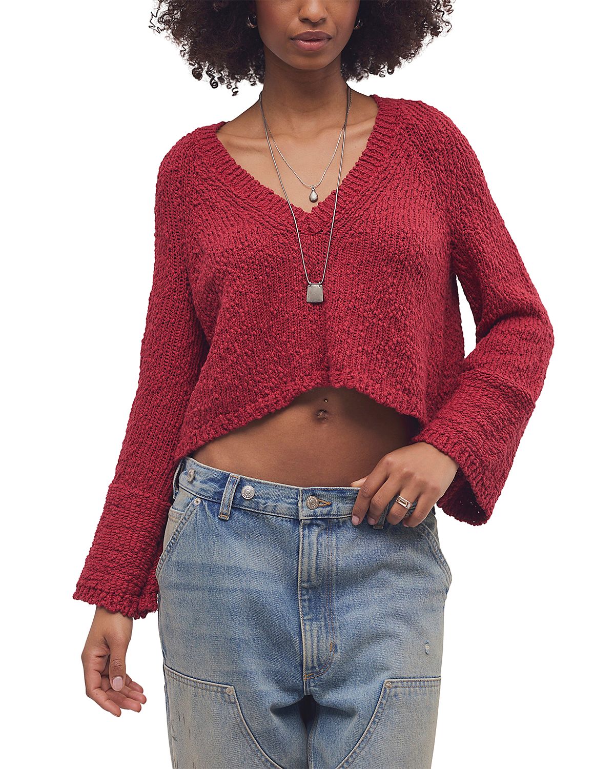 Free People Heartland Cotton V Neck Sweater