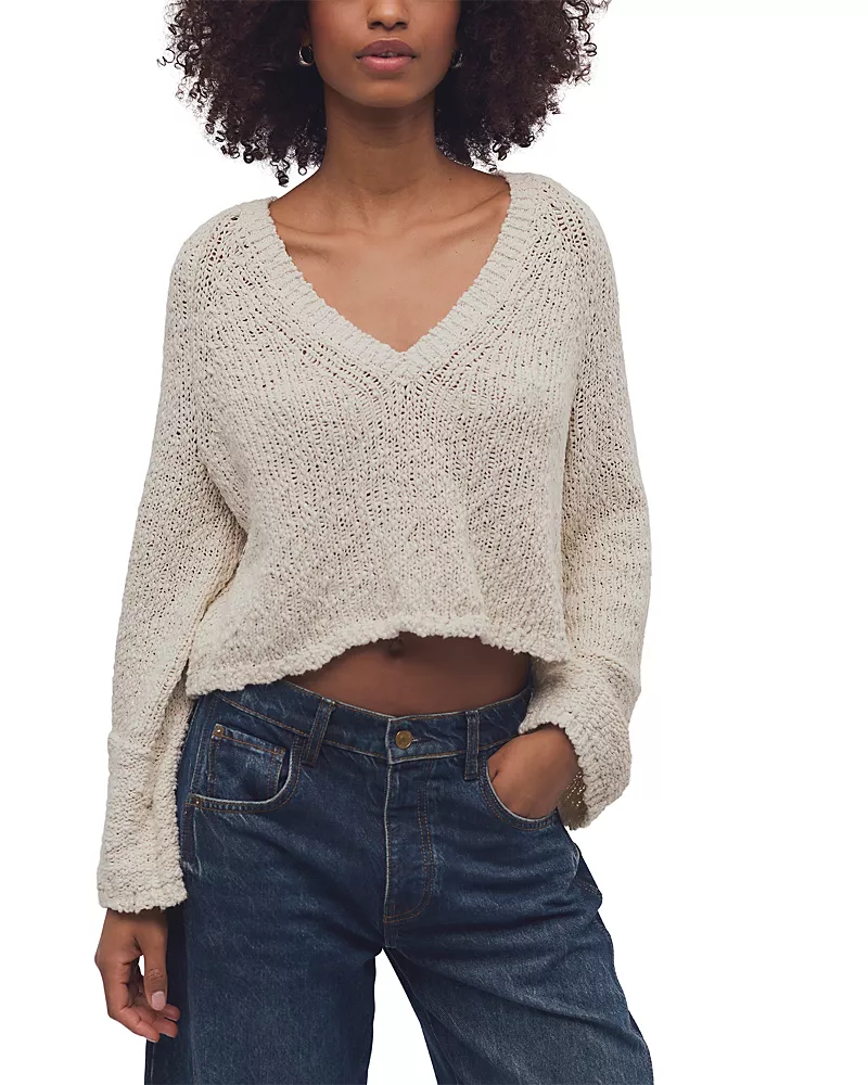 Free People Heartland Cotton V Neck Sweater