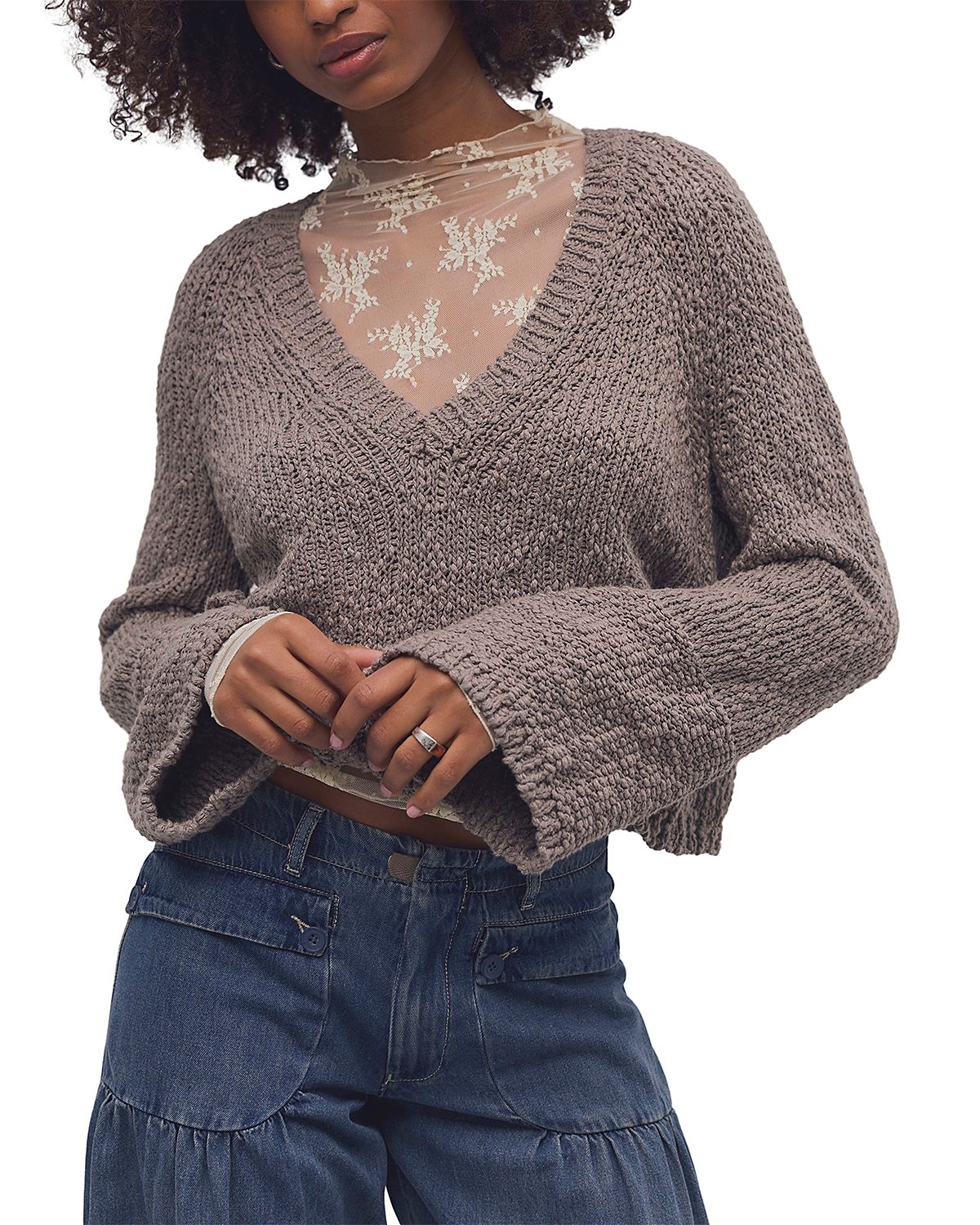 Free People Heartland Cotton V Neck Sweater
