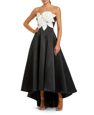  Strapless Satin High Low Gown with 3D Flowers