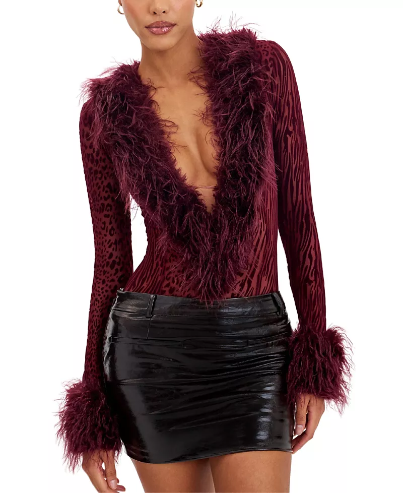 Miss Circle Valene Burnout Velvet Fur-Trim Bodysuit