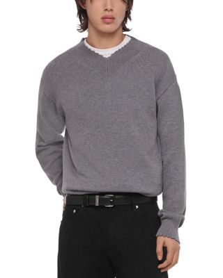 Slim Fit Distressed V Neck Classic Cotton Sweater 
