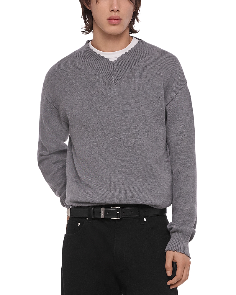 Helmut Lang Helmut Land Slim Fit Distressed V Neck Classic Cotton Sweater