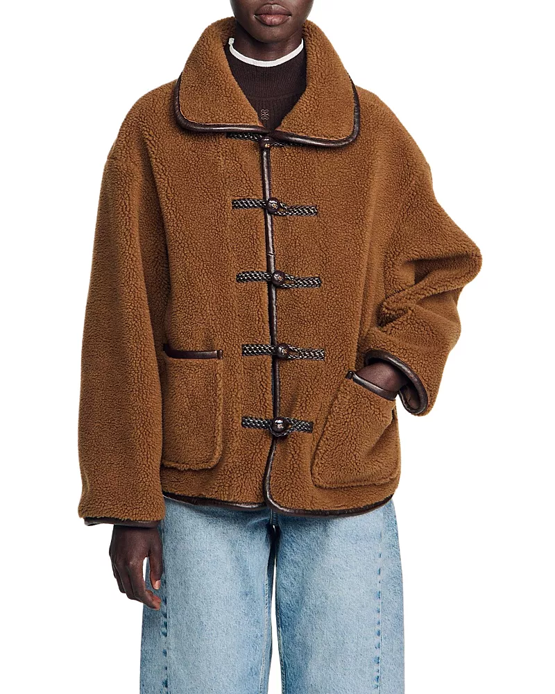 Sandro Sulivan Leather Trim Faux Fur Jacket