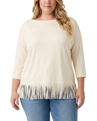 Plus Size Three Quarter Sleeve Fringe Trim Boat Neck Top