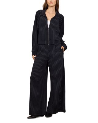 Striped Raglan Sleeve Zip Front Sweatshirt & Striped Pleated Front Wide Leg Pants