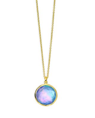 18K Yellow Gold Lollipop Quartz over Mother of Pearl over Lapis Triplet Bezel Solitaire Pendant Necklace, 16-18"