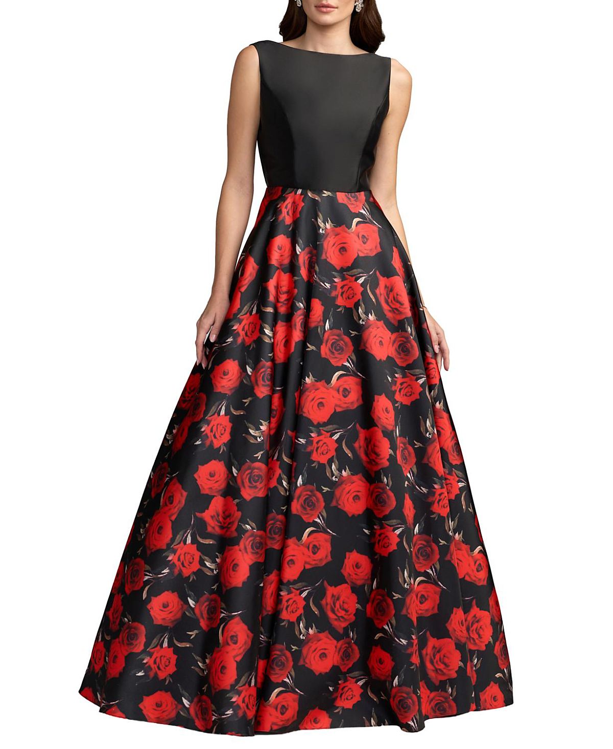 Mac Duggal Petite Floral Printed Mikado Open Back Sleeveless Gown