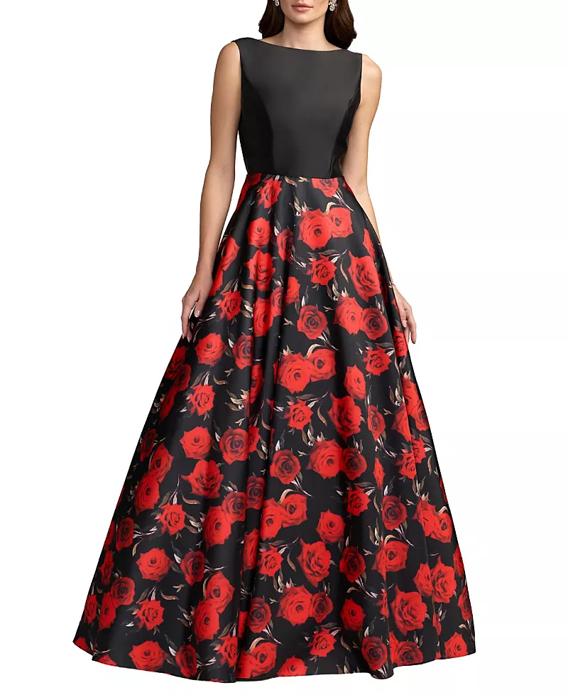 Mac Duggal Petite Floral Printed Mikado Open Back Sleeveless Gown