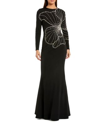  Long Sleeve Jersey Gown With Beaded Flower