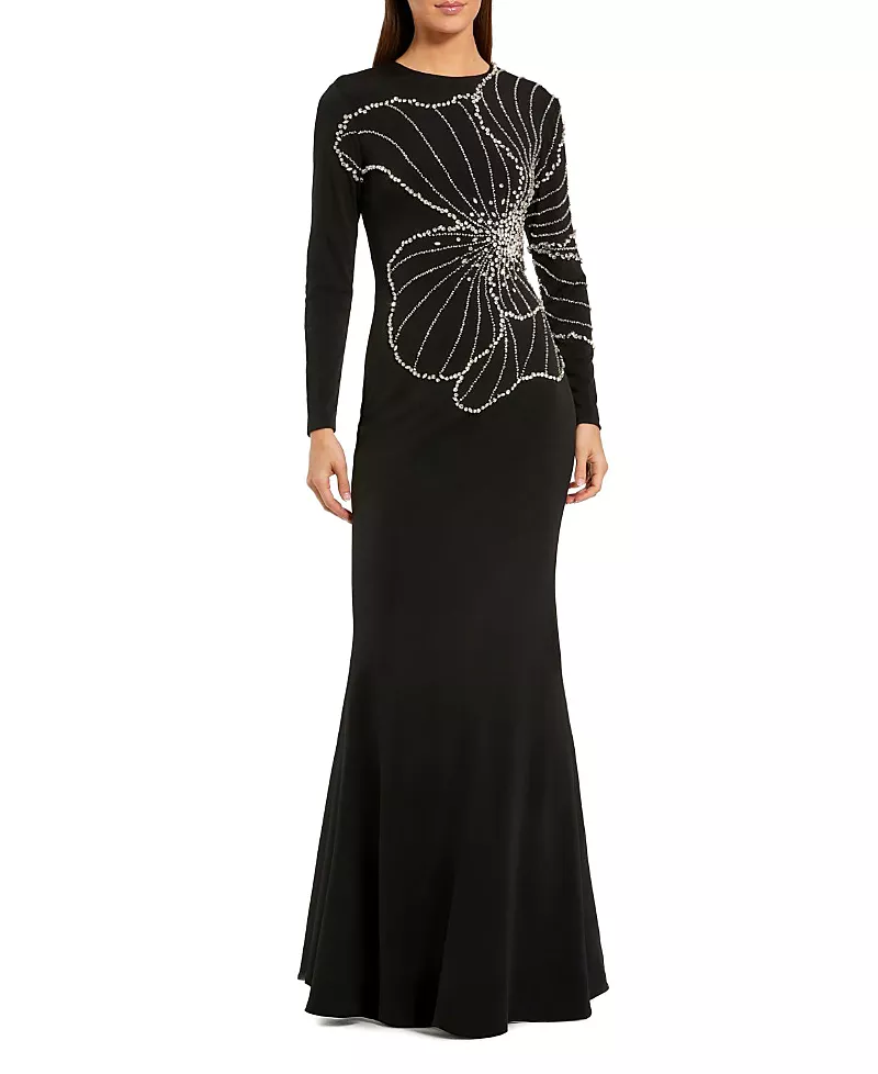 Mac Duggal Long Sleeve Jersey Gown With Beaded Flower