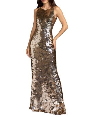  Sleeveless High Neck Disc Sequin A Line Gown