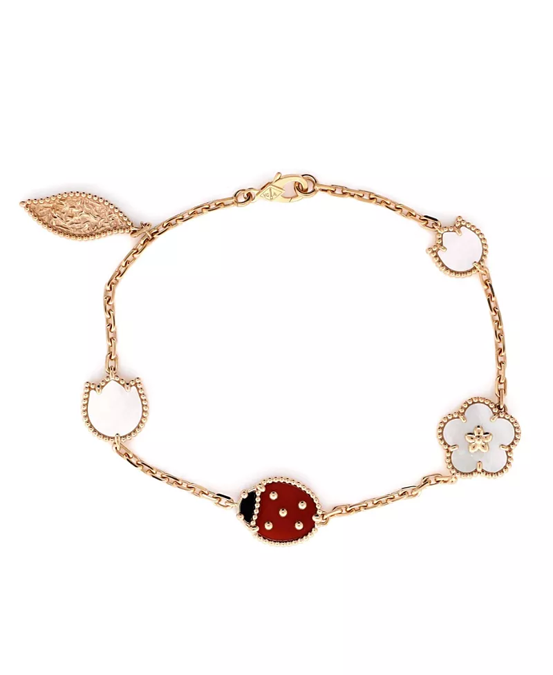 Pre-Owned Van Cleef & Arpels Lucky Spring 5 Motifs Bracelet 18K Rose Gold and Mother of Pearl with Onyx and Carnelian