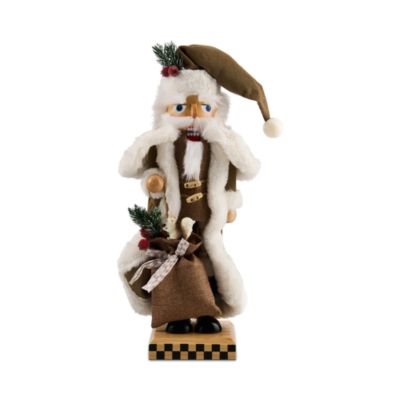 Mocha Check Wood Santa Nutcracker