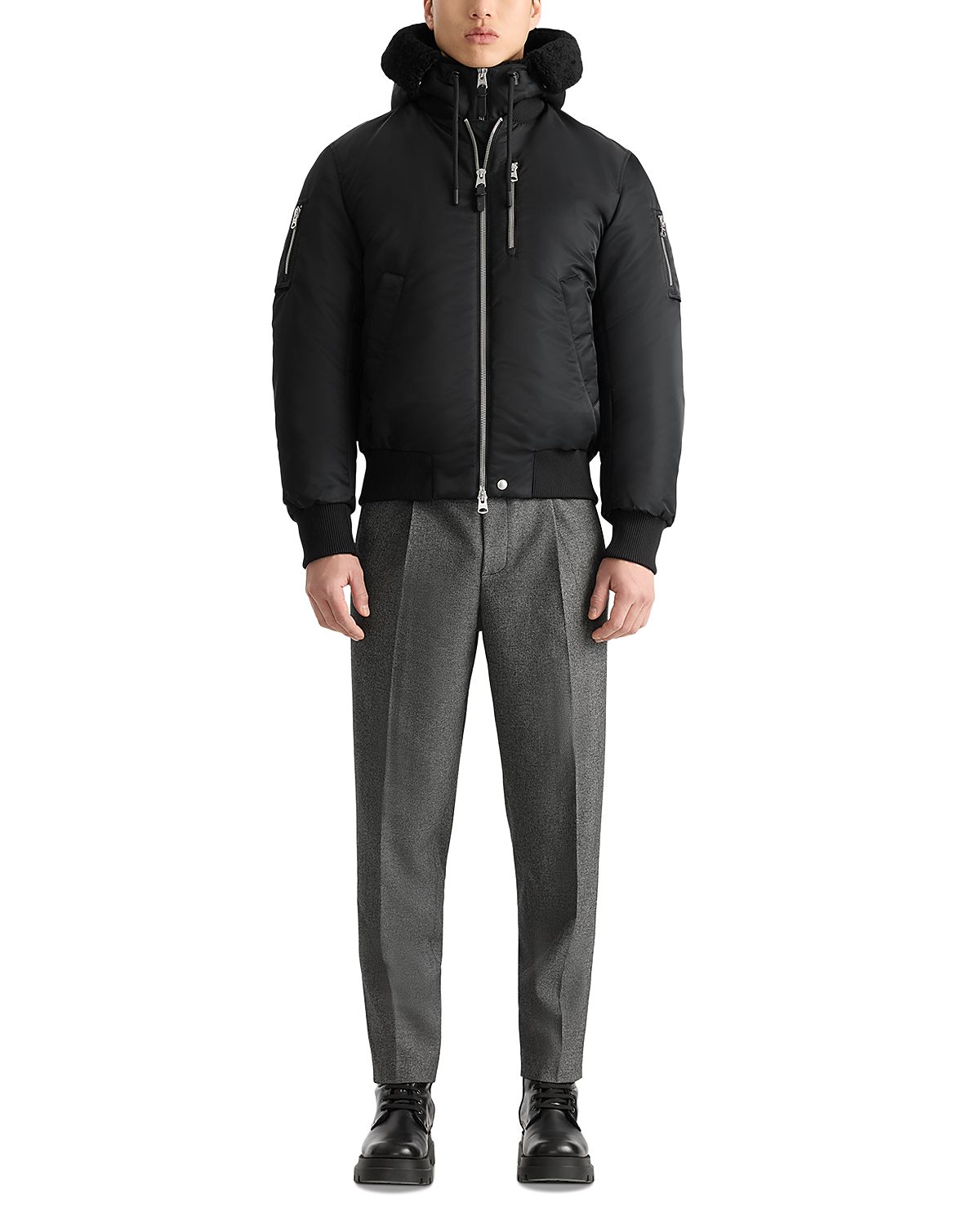 Mackage Shearling Trim Hooded Down Bomber Jacket