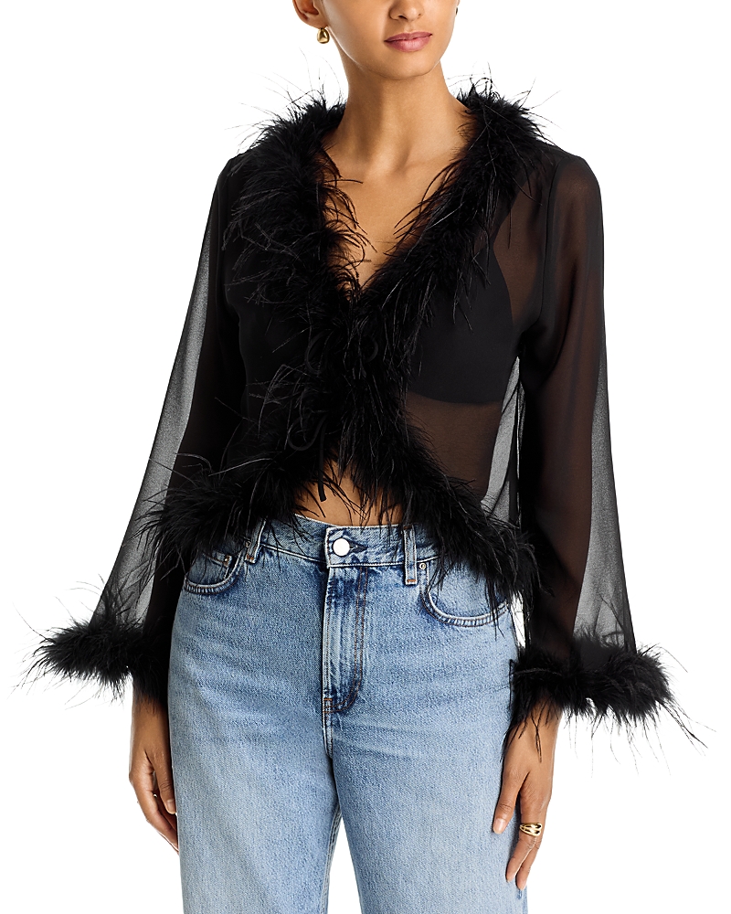Lucy Paris Bonnie Feather Trim Sheer Top In Black