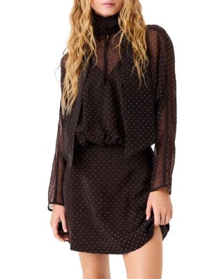 Rhinestone Tie Neck Long Sleeve Mini Dress