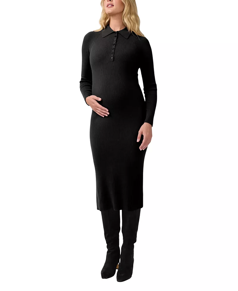 Ingrid & Isabel Ribbed Polo Maternity & Nursing Midi Dress