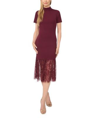 Mock Neck Lace Hem Midi Sweater Dress