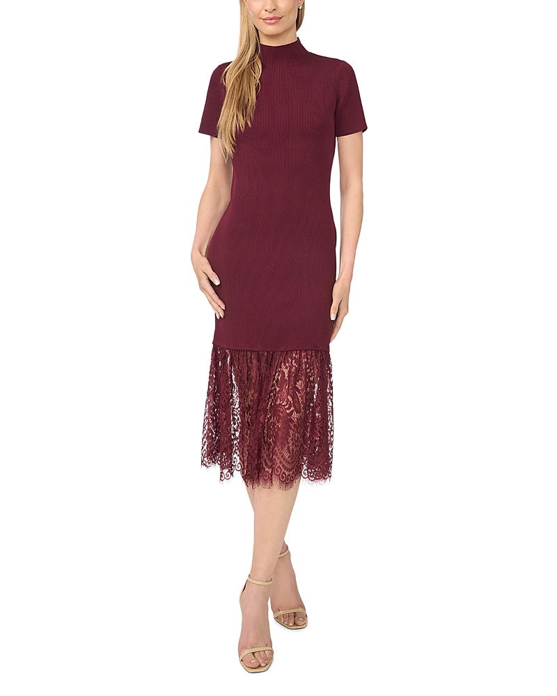 CeCe Mock Neck Lace Hem Midi Sweater Dress