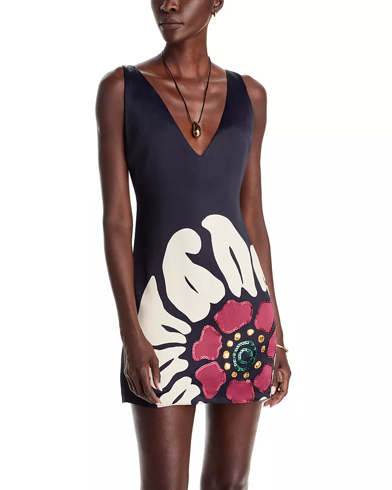 Cala de la Cruz Amal Embellished V Neck Mini Dress