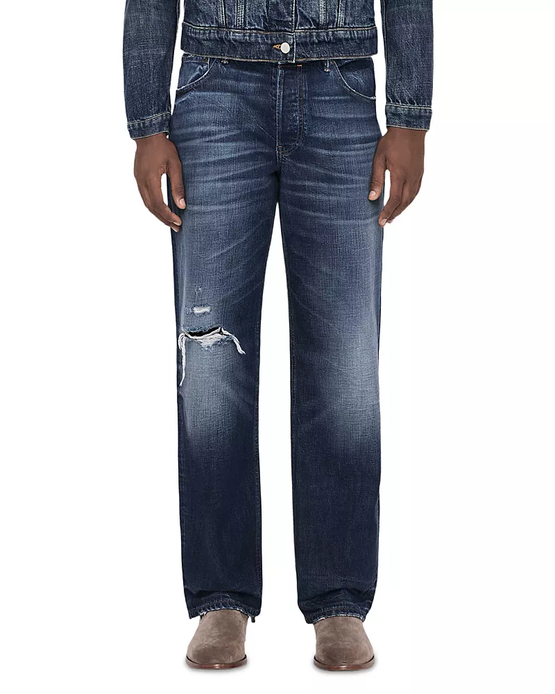 Allsaints Loose Fit Straight Jeans in Destroy Mid Indigo