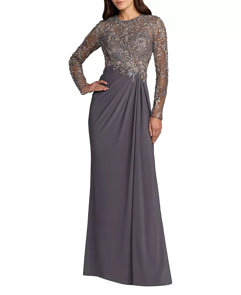 Mac Duggal Long Sleeve Jersey Beaded Embroidered Gown