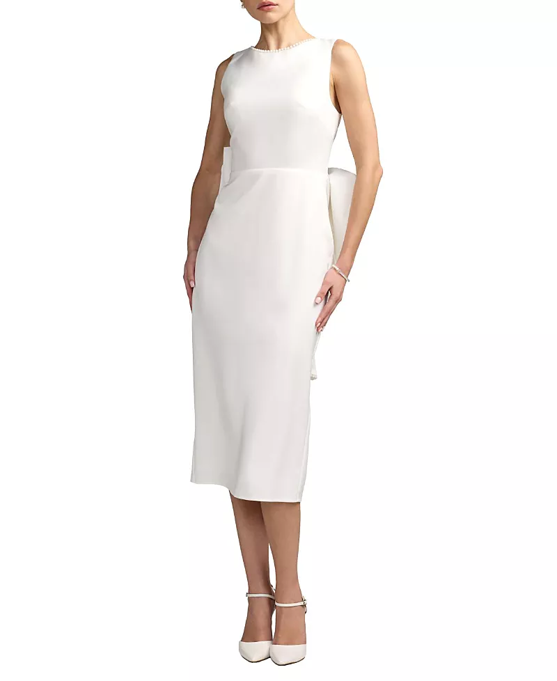 Mac Duggal Embellished Crepe Sleeveless Midi Dress With Bow