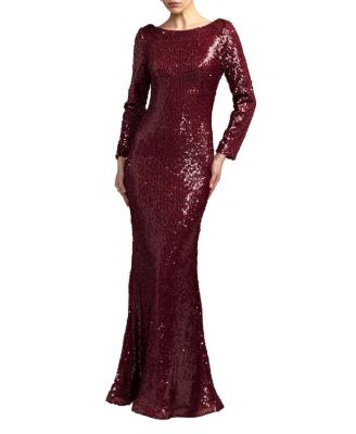  High Neck Long Sleeve Cowl Back Sequin Gown