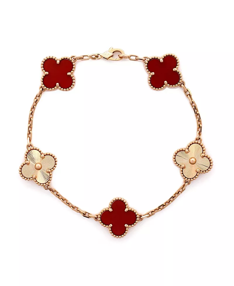 Pre-Owned Van Cleef & Arpels Vintage Alhambra 5 Motifs Bracelet Guilloche 18K Rose Gold and Carnelian