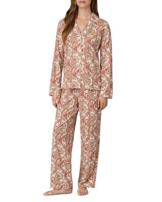 Cotton Blend Classic Knits Notch Collar Long Pants Pajama Set