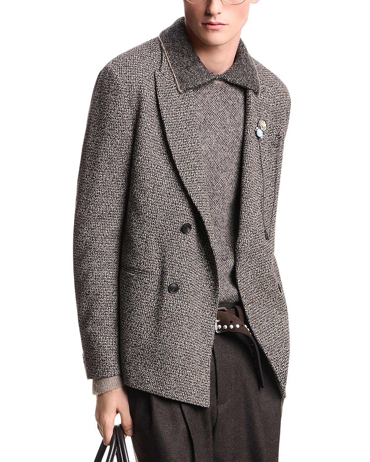 Emporio Armani Double Breasted Cotton Blend Mouline Jersey Blazer