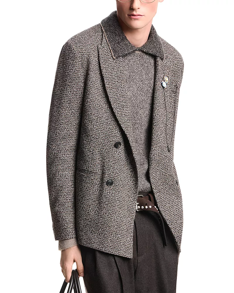 Emporio Armani Double Breasted Cotton Blend Mouline Jersey Blazer