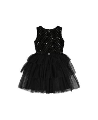  Girls' Bi-Material Sparkle Velour Tiered Mesh Sleeveless Dress - Big Kid