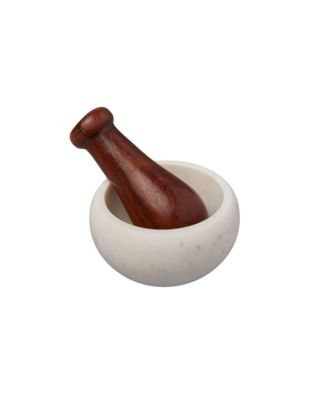  White Marble & Wood Mortar & Pestle