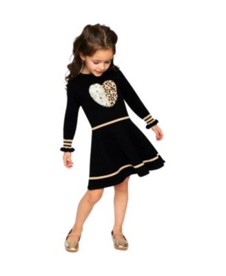  Girls' Heart Graphic Ruffle Cuff Pleated Knit Dress - Little Kid