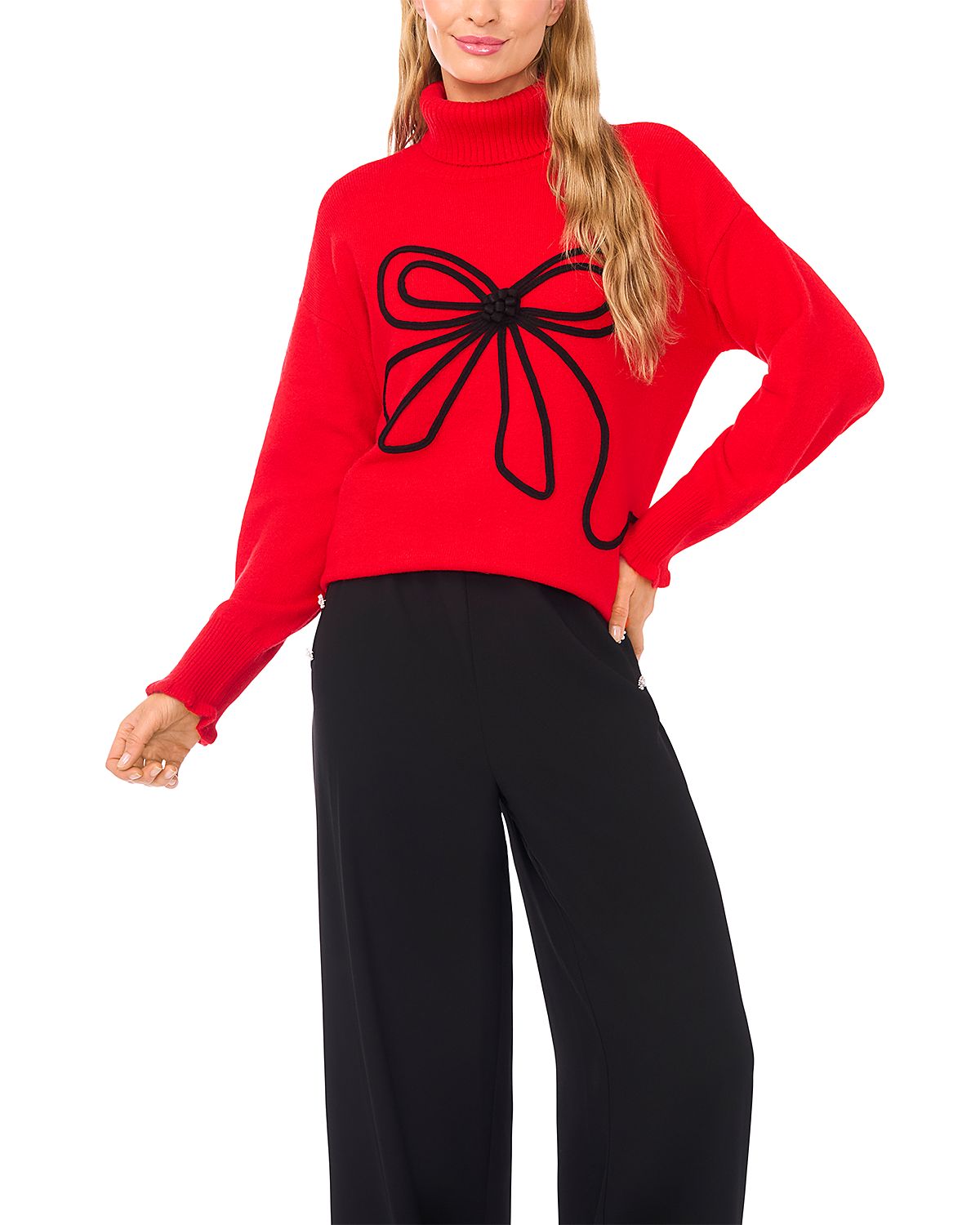 CeCe Embroidered Ribbon Turtleneck Sweater