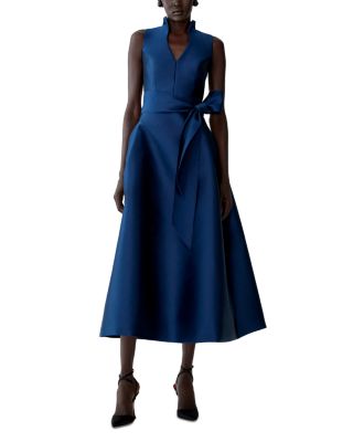 Stand Collar V Neck Tie Waist Dress