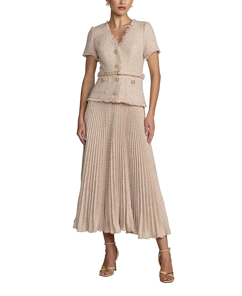 Mac Duggal Boucle Top with Pleated Chiffon Skirt Midi Dress