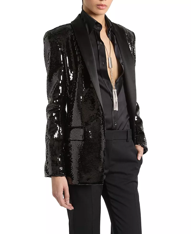 Balmain 1-Button Satin Jacket with Sequins