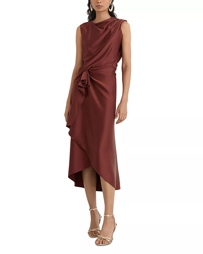 Reiss Satin Gathered Waist Midi Dress